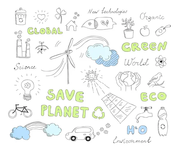 Ecologia doodles conjunto de elementos vetoriais — Vetor de Stock