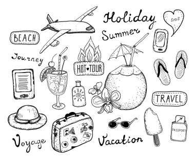 Doodle öğeleri kümesi seyahat