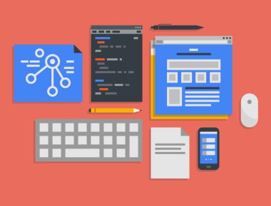 Flat design vector illustration icons set of modern office workflow for web programming and mobile development process in stylish colors. Isolated on red background clipart svg vector 