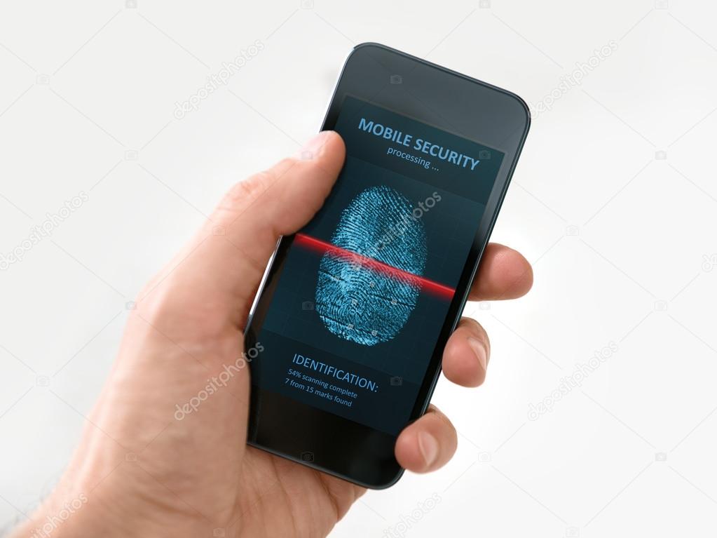 Hand holding smartphone with mobile security application