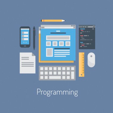 Flat design vector illustration concept icons set of modern programmer workflow for web coding and html programming user interface elements. Isolated on stylish colored background. clipart svg vector 