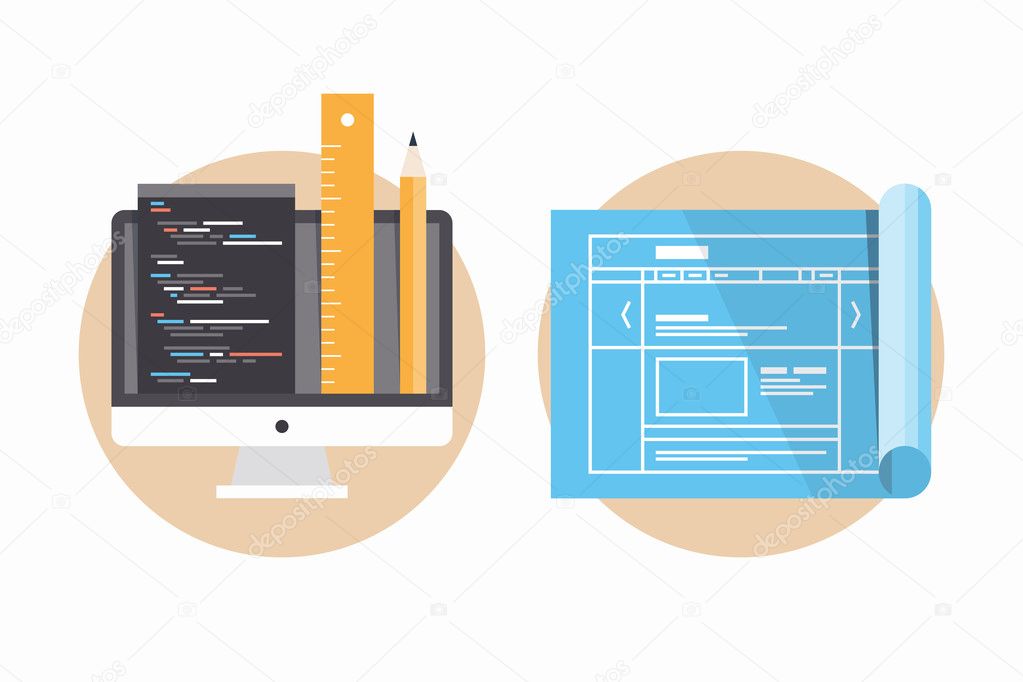 Vector of Website programming and development icons Flat design modern vector illustration icons set of website programming and coding, web page blueprint and development project process. Isolated on white background stock vector