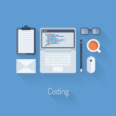 Flat design modern vector illustration concept of process web page coding and programming on laptop with workflow objects and icons. Isolated on stylish blue background clipart svg vector 