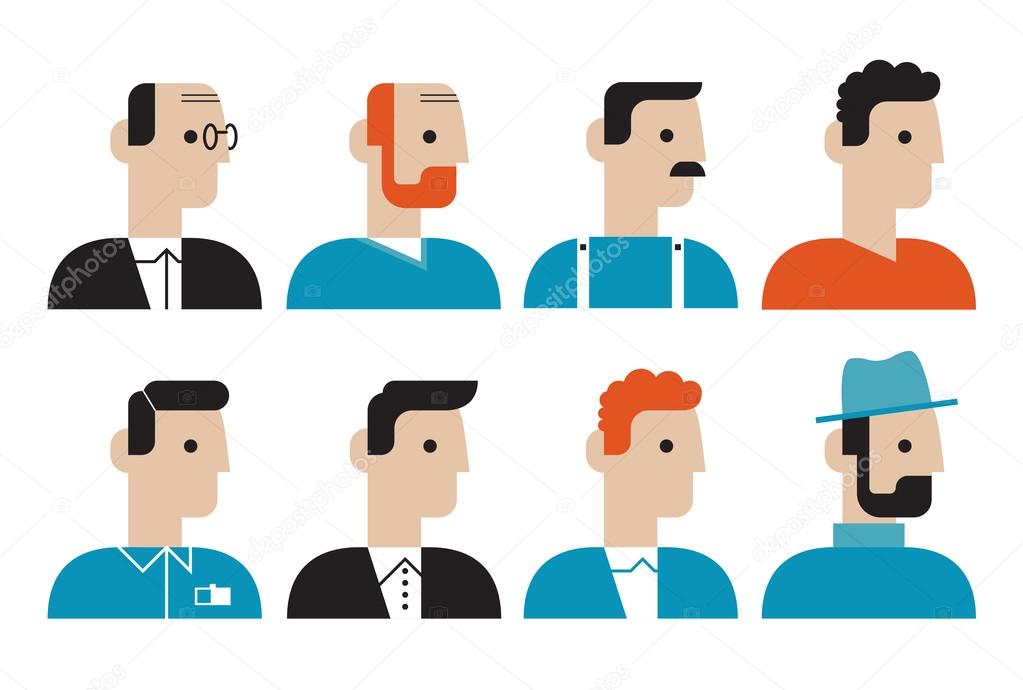 Different people faces flat icons set
