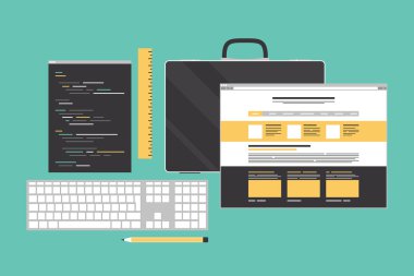 Flat design style modern vector illustration icons set of web page programming, website user interface elements and programming workflow objects. Isolated on stylish color background clipart svg vector 