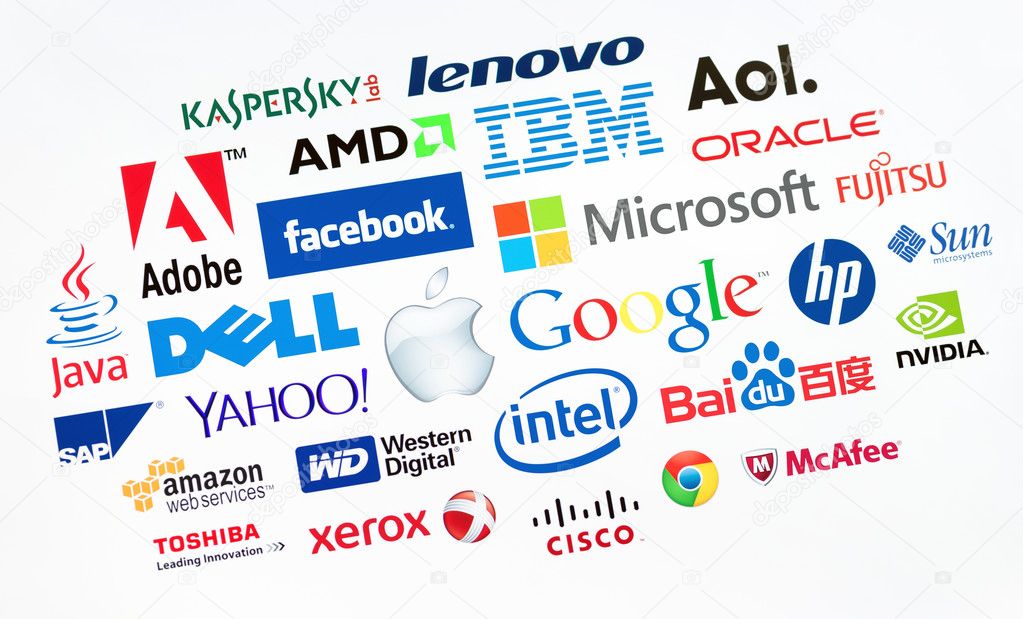KIEV, UKRAINE - MAY 22, 2014: A logotype collection of well-known world top companies  of computer technologies on a monitor screen. Include Google, Apple, Microsoft, IBM, Adobe, Intel and other logo.