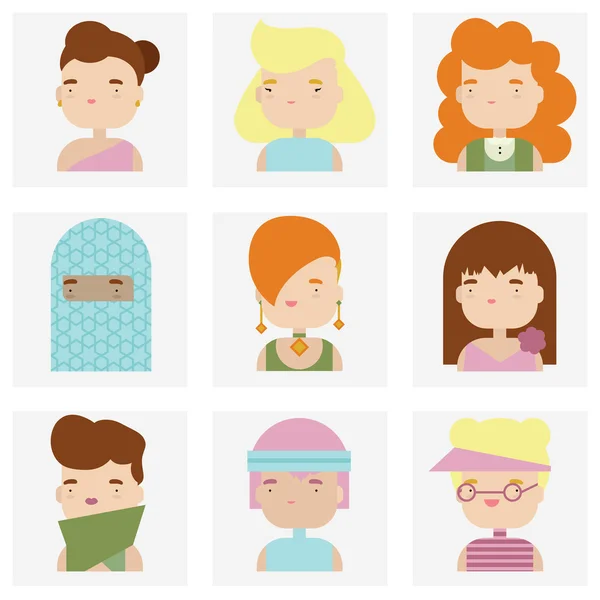 Cute female character faces flat icons — Stock Vector