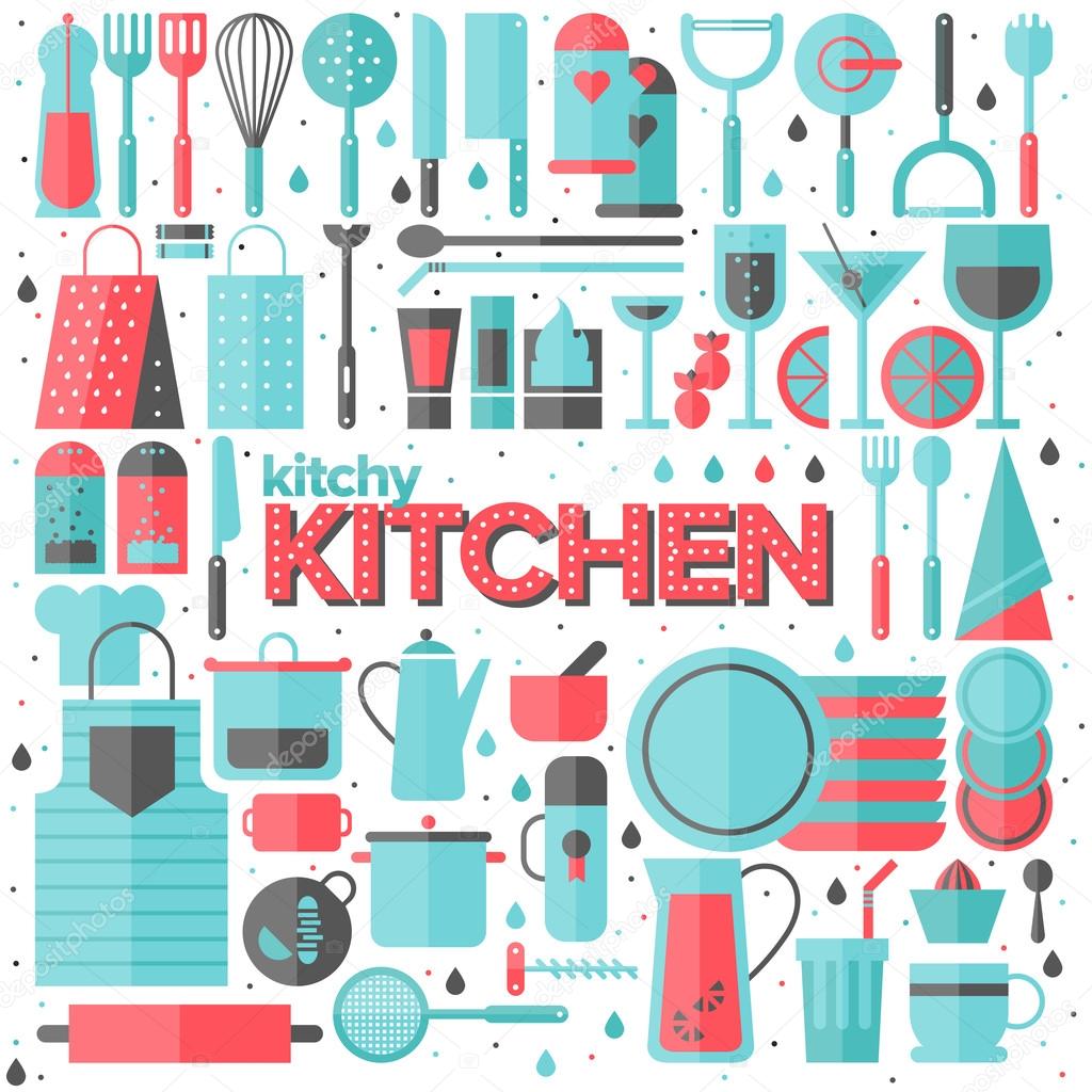 Kitchen and cooking utensils flat illustration