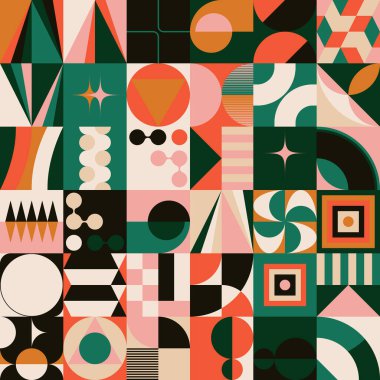 Yüzyılın ortalarında çeşitli geometri şekilleri ve elementlerle yapılmış soyut vektör desenli sanat eserleri. Poster, kapak, resim, sunum, baskı, kumaş, duvar kâğıdı vs. için geometrik tasarım grafikleri.