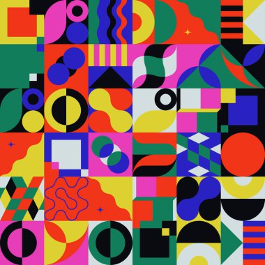 Neon renkli soyut vektör desenli sanat eserleri çeşitli geometrik şekiller ve elementlerle yapıldı. Poster, kapak, sanat, sunum, baskı, kumaş, duvar kağıdı ve benzeri dijital grafik tasarımı.