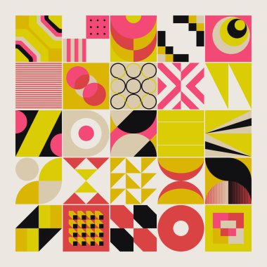 Neo-Geo vektör desenli grafik çizimleri soyut modernist estetik tasarımından esinlenilmiştir. Poster, kapak, sanat, sunum, baskı, kumaş, duvar kağıdı vs. için modern geometrik kolaj.