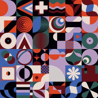 Bauhaus, taşıyıcı tasarım elementleri ve poster, kapak, sanat, sunum, baskı, kumaş, duvar kağıdı vb. için kalın geometrik şekillerle yapılan soyut sanat eserlerinden ilham almıştır..