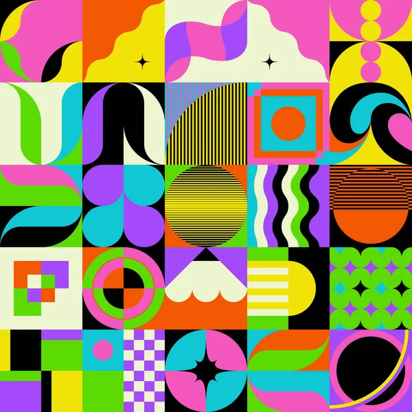 Неоновые Цветные Абстрактные Векторные Рисунки Выполненные Различными Геометрическими Формами Элементами — стоковый вектор