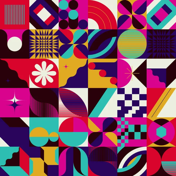 Neo-Geo vektör desenli grafik çizimleri soyut modernist estetik tasarımından esinlenilmiştir. Poster, kapak, sanat, sunum, baskı, kumaş, duvar kağıdı vs. için modern geometrik kolaj.