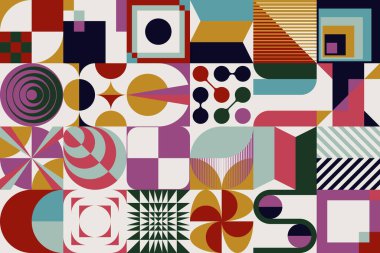 Bauhaus tasarımından esinlenerek soyut geometrik şekiller ve kalın formlarla yapılmış modern sanat deseni. Poster, kapak, resim, sunum, baskı, kumaş, duvar kağıdı ve benzeri dijital grafik ögeleri.