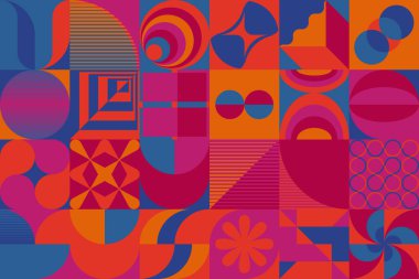 Cesur geometrik şekiller ve poster, kapak, sanat, sunum, baskı, kumaş, duvar kağıdı ve benzeri soyut figürlerle yapılmış modernizm estetiğinden esinlenilmiş soyut desenli grafik tasarımı.