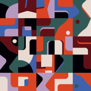 Soyut geometrik şekiller ve kalın formlarla yapılmış Ortaçağ hareket tasarımından esinlenilmiş dekoratif sanat. Poster, kapak, sanat, sunum, baskı, kumaş, duvar kağıdı ve benzeri dijital grafikler.