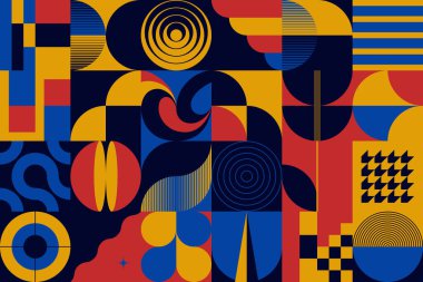 Cesur geometrik şekiller ve poster, kapak, sanat, sunum, baskı, kumaş, duvar kağıdı ve benzeri soyut figürlerle yapılmış modernizm estetiğinden esinlenilmiş soyut desenli grafik tasarımı.