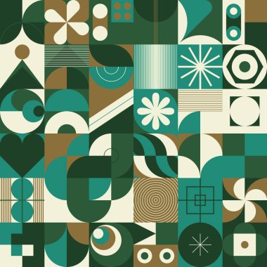 Soyut geometrik şekiller ve kalın formlarla yapılmış Ortaçağ hareket tasarımından esinlenilmiş dekoratif sanat. Poster, kapak, sanat, sunum, baskı, kumaş, duvar kağıdı ve benzeri dijital grafikler.