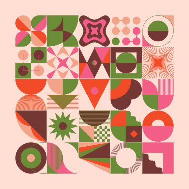 Yüzyılın ortalarında çeşitli geometri şekilleri ve elementlerle yapılmış soyut vektör desenli sanat eserleri. Poster, kapak, resim, sunum, baskı, kumaş, duvar kâğıdı vs. için geometrik tasarım grafikleri.
