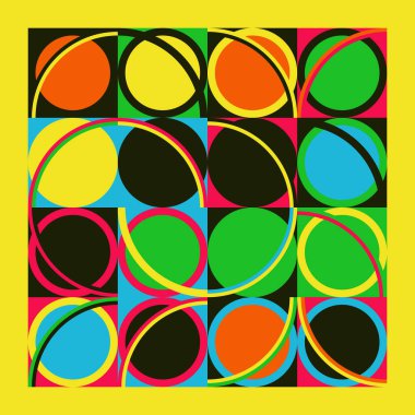 Neo-Geo vektör desenli grafik çizimleri soyut modernist estetik tasarımından esinlenilmiştir. Poster, kapak, sanat, sunum, baskı, kumaş, duvar kağıdı vs. için modern geometrik kolaj.