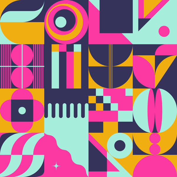 Retro Future Art inspired vector pattern artwork made with abstract geometric shapes and bold forms. Digital graphics design for poster, cover, art, presentation, prints, fabric, wallpaper and etc.