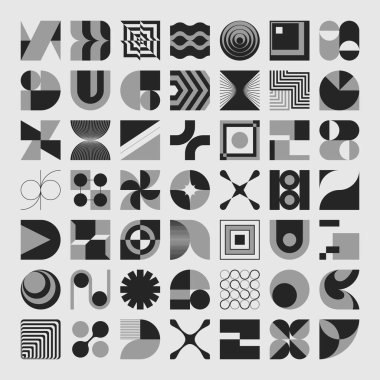 Modern soyut vektör şekilleri, poster, kapak, resim, sunum, baskı, kumaş, duvar kağıdı vs. için çeşitli basit geometrik formların ve renkli grafik unsurlarının koleksiyonu.