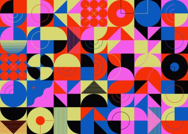 Neon renkli soyut vektör desenli sanat eserleri çeşitli geometrik şekiller ve elementlerle yapıldı. Poster, kapak, sanat, sunum, baskı, kumaş, duvar kağıdı ve benzeri dijital grafik tasarımı.