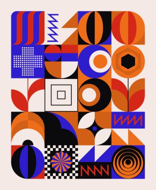 Neo-Geo vektör desenli grafik çizimleri soyut modernist estetik tasarımından esinlenilmiştir. Poster, kapak, sanat, sunum, baskı, kumaş, duvar kağıdı vs. için modern geometrik kolaj.