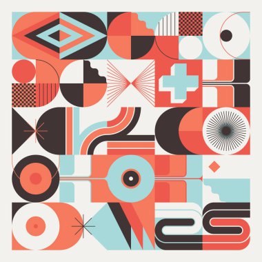 Retro Gelecek Sanatı soyut geometrik şekiller ve kalın formlarla yapılmış vektör desenli çizimlerden esinlenmiştir. Poster, kapak, sanat, sunum, baskı, kumaş, duvar kağıdı ve benzeri dijital grafik tasarımı.