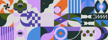 Soyut geometrik şekiller ve kalın formlarla yapılmış Ortaçağ hareket tasarımından esinlenilmiş dekoratif sanat. Poster, kapak, sanat, sunum, baskı, kumaş, duvar kağıdı ve benzeri dijital grafikler.