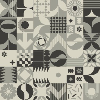 Soyut geometrik şekiller ve kalın formlarla yapılmış Ortaçağ hareket tasarımından esinlenilmiş dekoratif sanat. Poster, kapak, sanat, sunum, baskı, kumaş, duvar kağıdı ve benzeri dijital grafikler.