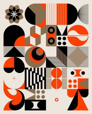 Soyut geometrik şekiller ve kalın formlarla yapılmış Ortaçağ hareket tasarımından esinlenilmiş dekoratif sanat. Poster, kapak, sanat, sunum, baskı, kumaş, duvar kağıdı ve benzeri dijital grafikler.