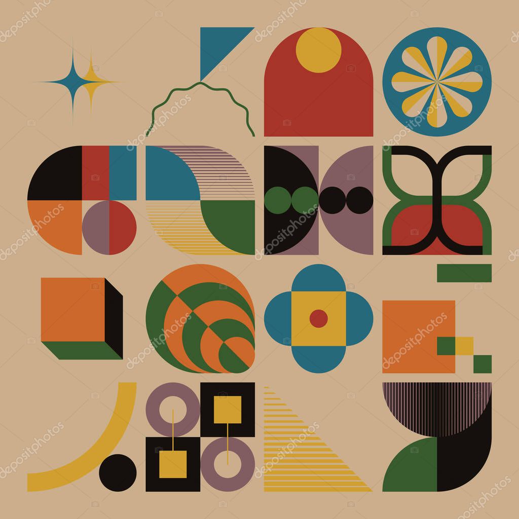 Decorative Art inspired by Mid Century movement design made with abstract geometric shapes and bold forms. Digital graphics for poster, cover, art, presentation, prints, fabric, wallpaper and etc.