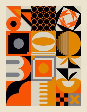 Bauhaus tasarımından esinlenerek soyut geometrik şekiller ve kalın formlarla yapılmış modern sanat deseni. Poster, kapak, resim, sunum, baskı, kumaş, duvar kağıdı ve benzeri dijital grafik ögeleri.