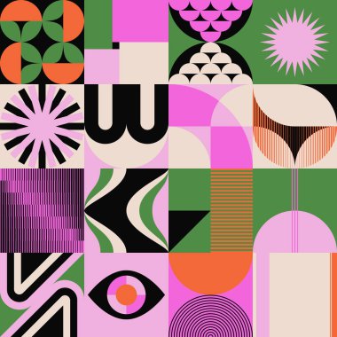 Neo-Geo vektör desenli grafik çizimleri soyut modernist estetik tasarımından esinlenilmiştir. Poster, kapak, sanat, sunum, baskı, kumaş, duvar kağıdı vs. için modern geometrik kolaj.
