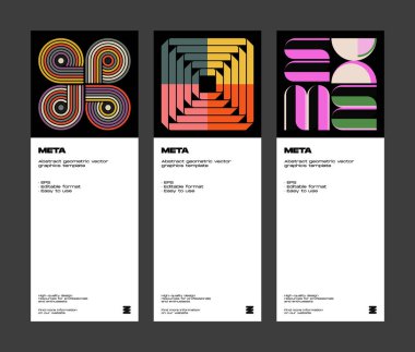 Helvetica tipografisi ve minimalist geometrik formlar ve soyut vektör şekilleriyle yapılmış İsviçre tarzı poster tasarımı grafikleri. 
