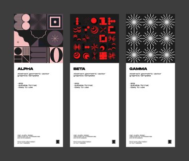 Helvetica tipografisi ve minimalist geometrik formlar ve soyut vektör şekilleriyle yapılmış İsviçre tarzı poster tasarımı grafikleri. 