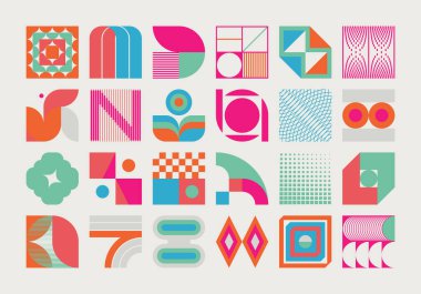 Logo modernizmi estetik vektör soyut şekiller koleksiyonu minimalist geometrik formlar ve poster, kapak, sanat, sunum, baskılar, kumaş, duvar kağıdı vs. için grafik elementleri ile yapılır.