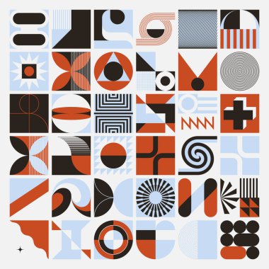 Modern soyut vektör şekilleri, poster, kapak, resim, sunum, baskı, kumaş, duvar kağıdı vs. için çeşitli basit geometrik formların ve renkli grafik unsurlarının koleksiyonu.