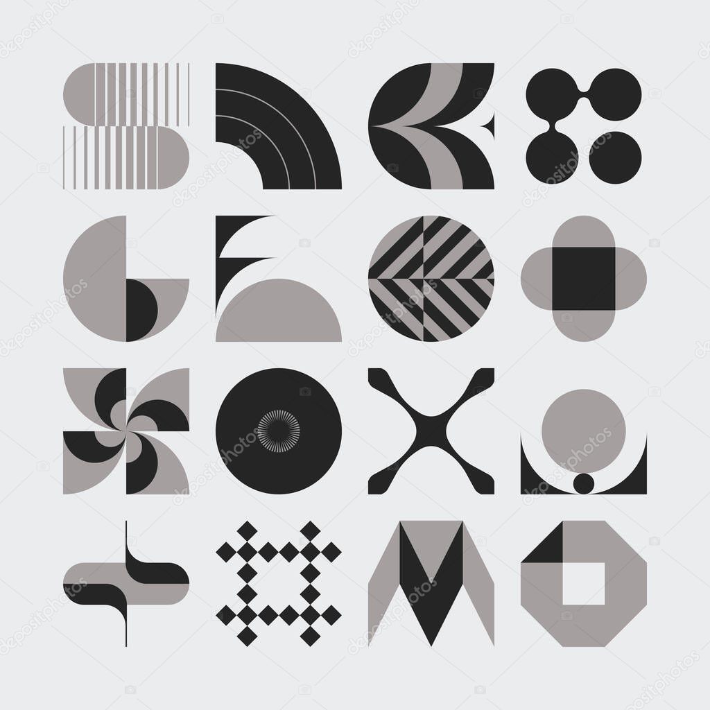 Logo modernism aesthetics vector abstract shapes collection made with minimalist geometric forms and graphics elements for poster, cover, art, presentation, prints, fabric, wallpaper and etc.