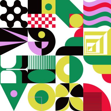 Neo-Geo vektör desenli grafik çizimleri soyut modernist estetik tasarımından esinlenilmiştir. Poster, kapak, sanat, sunum, baskı, kumaş, duvar kağıdı vs. için modern geometrik kolaj.
