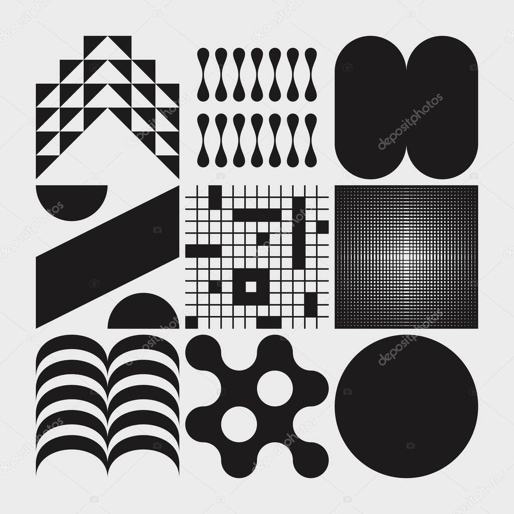 Abstract vector symbols collection with random effect inspired by brutalist aesthetics made with geometric forms and graphics elements for posters, covers, arts, presentations, prints, wallpaper, etc.