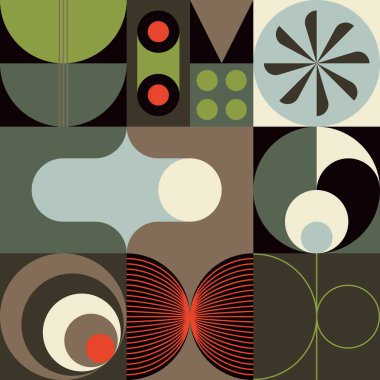 Bauhaus, taşıyıcı tasarım elementleri ve poster, kapak, sanat, sunum, baskı, kumaş, duvar kağıdı vb. için kalın geometrik şekillerle yapılan soyut sanat eserlerinden ilham almıştır..
