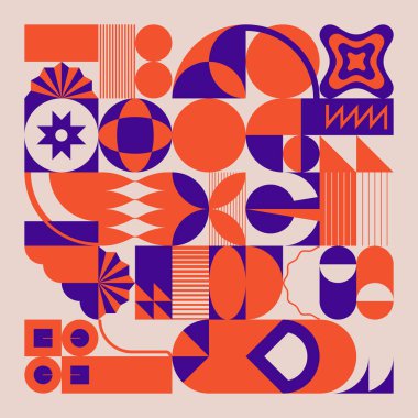 Soyut geometrik şekiller ve kalın formlarla yapılmış Ortaçağ hareket tasarımından esinlenilmiş dekoratif sanat. Poster, kapak, sanat, sunum, baskı, kumaş, duvar kağıdı ve benzeri dijital grafikler.