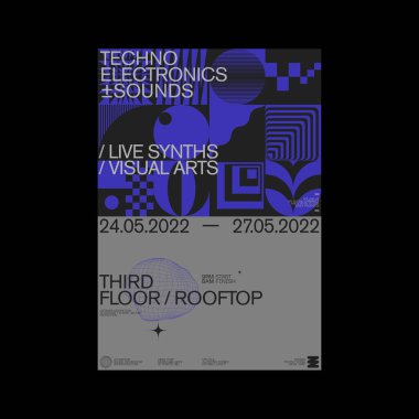 Tekno asit müzik + Rave kültür poster tasarımı vahşi stil grafikleri ve minimalist geometrik formlar ve soyut vektör şekilleriyle inşa edilmiş Helvetica tipografi estetiği. 
