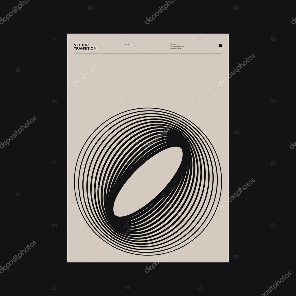 Minimalist style poster design layout with Swiss aesthetics graphics and Helvetica typography with abstract geometric forms and vector shapes.