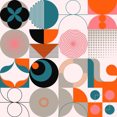 Soyut geometrik şekiller ve kalın formlarla yapılmış Ortaçağ hareket tasarımından esinlenilmiş dekoratif sanat. Poster, kapak, sanat, sunum, baskı, kumaş, duvar kağıdı ve benzeri dijital grafikler.