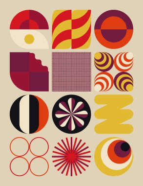 Bauhaus tasarımından esinlenerek soyut geometrik şekiller ve kalın formlarla yapılmış modern sanat deseni. Poster, kapak, resim, sunum, baskı, kumaş, duvar kağıdı ve benzeri dijital grafik ögeleri.