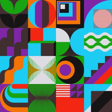 Neon renkli soyut vektör desenli sanat eserleri çeşitli geometrik şekiller ve elementlerle yapıldı. Poster, kapak, sanat, sunum, baskı, kumaş, duvar kağıdı ve benzeri dijital grafik tasarımı.